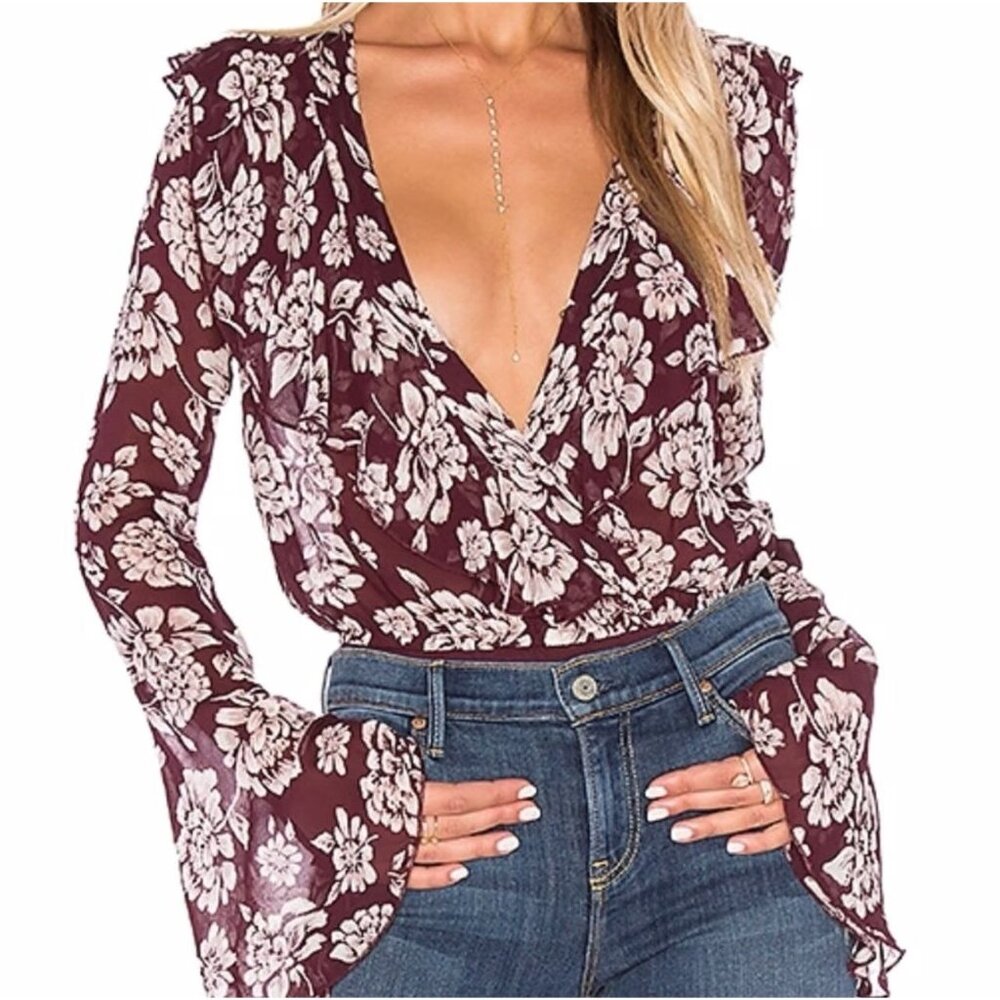 Band Of Gypsies Blouse Top Bodysuit XS Burgundy Vintage Floral Long Bell Sleeve